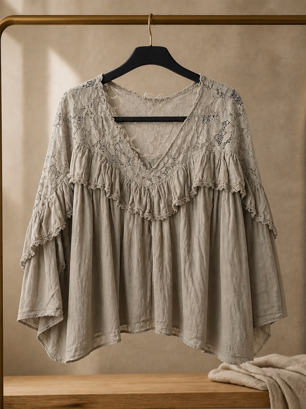 Bohemian Lace Ruffle Blouse in Taupe Linen From Italy one size Boho Wide NWT